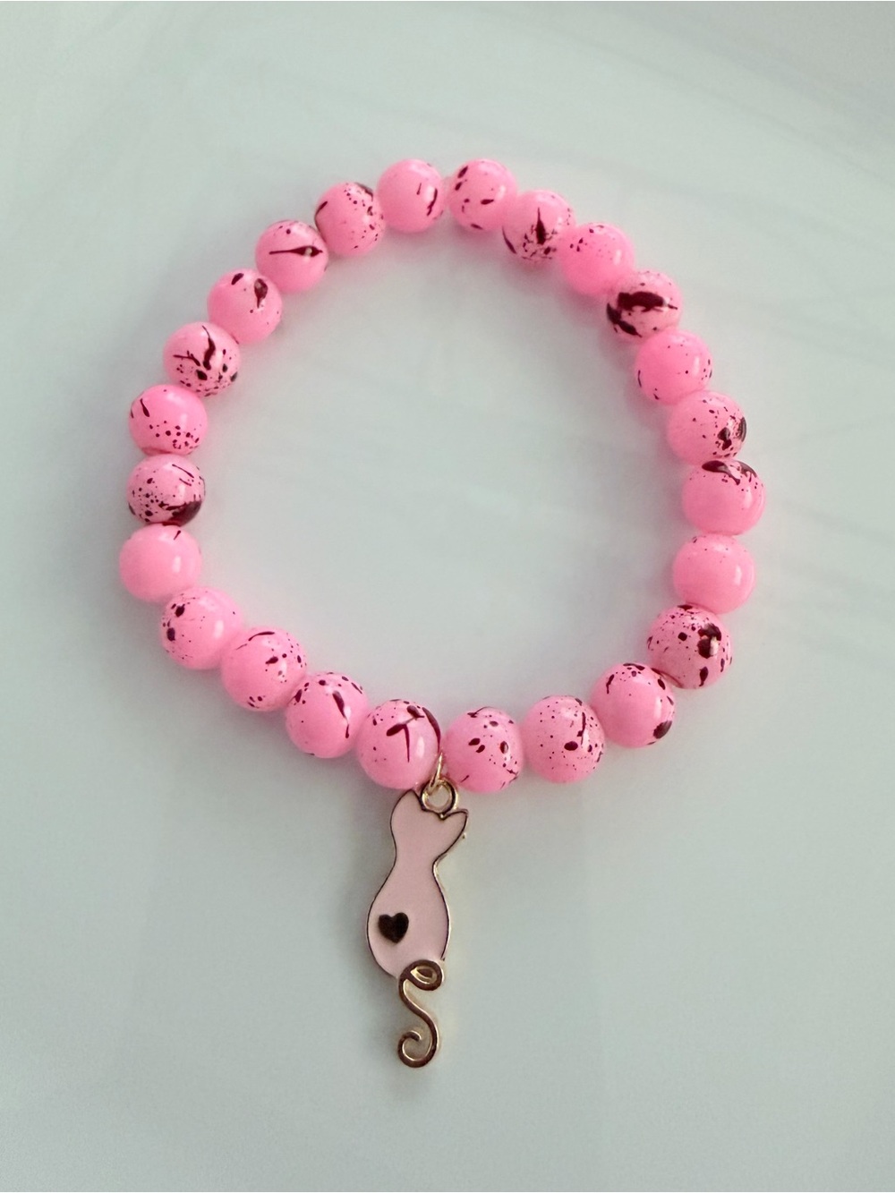 Pink Speckled Beaded Stretch Bracelet with Cat Charm